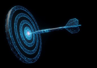 Dart Hitting Target with Digital Glowing Lines on Black Background