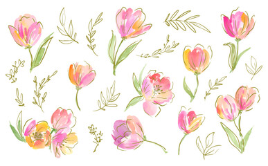 A set of vector illustrations of abstract tulips painted in watercolor with gold lines. A hand-drawn tulip clipart collection for spring with transparent background.