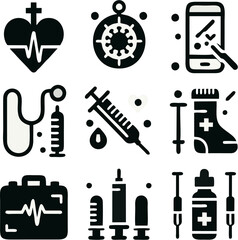 Medical Healthcare Icons Full Set – Heartbeat, HIV Virus Organism,, Syringe, and Medical Tools