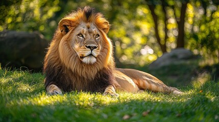Obraz premium A majestic lion resting in a grassy savanna under golden sunlight