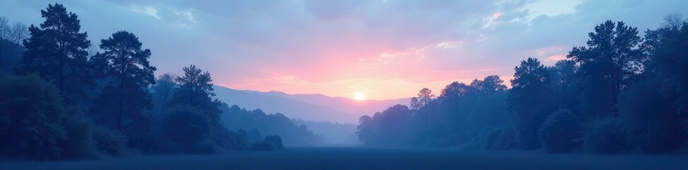 Naklejka premium A tranquil forest at dusk with a pastel blue sky, trees, serene, natural