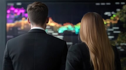 Corporate synergy: business duo in front of dynamic screen with colorful digital chart, showcasing stock market fluctuations, financial forecasting, economic growth, and strategic in modern business .