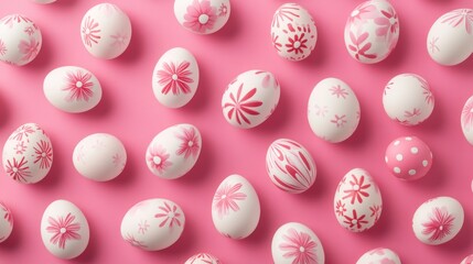 Colorful decorated eggs on a pink background for Easter celebration.
