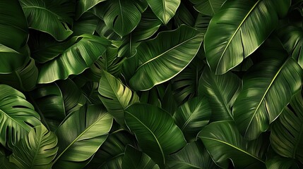 A dense tropical jungle with large, glossy green leaves, creating a rich, shaded atmosphere. 