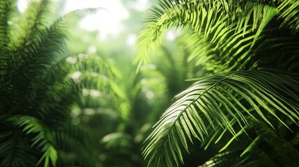 A dense tropical forest with large palm fronds and other lush greenery creating a jungle atmosphere. 