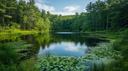 Fototapeta premium Serene Forest Lake Surrounded by Lush Greenery and Vibrant Reflections in Water