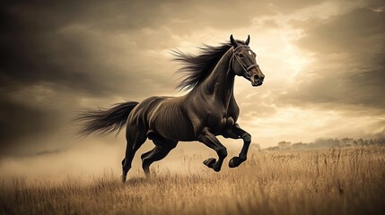 Naklejka premium A dynamic shot of a horse galloping across a grassy field under a cloudy sky 
