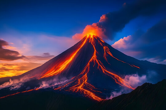 
A dramatic and powerful photograph of an erupting volcano at dusk, with lava flowing down the side of its peak into glowing rivers on the ground below.