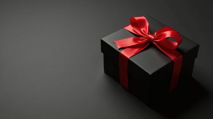Obraz premium A sophisticated black gift box adorned with a vibrant red ribbon, a perfect symbol of elegance and celebration