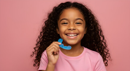 Young girl smiles holding a blue dental retainer against a pastel pink background. Orthodontic care and dental hygiene. dental clinics, educational materials, and health campaigns. Horizontal banner