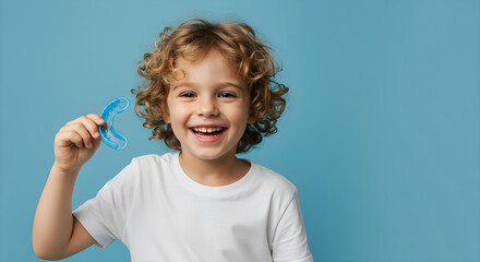 Young boy smiles holding a blue dental retainer against a pastel blue background. Orthodontic care and dental hygiene. dental clinics, educational materials, and health campaigns. Horizontal banner