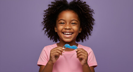 Young girl smiles holding a blue dental retainer against a pastel purple background. Orthodontic care and dental hygiene. dental clinics, educational materials, and health campaigns. Horizontal banner