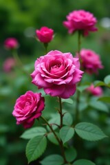 Vibrant Pink Roses in Full Bloom, a Close-Up View of Delicate Petals and Lush Green Foliage, Displaying the Beauty of Nature's Floral Masterpiece