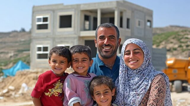 Family smiling in front of a house