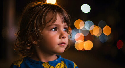 Fototapeta premium young child with light brown curly hair looks to the side in front of a bokeh light background. Innocence, youth and winter concept for family or holiday design, horizontal banner