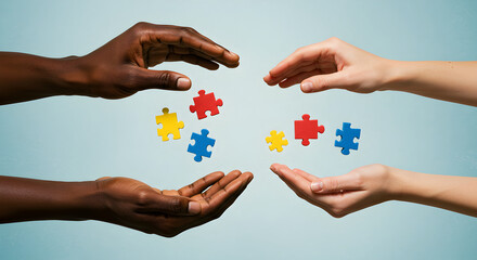 Two pairs of hands, one African American and one light-skinned, holding puzzle pieces. cooperation and diversity. for projects on teamwork, inclusion, and global unity. Horizontal banner