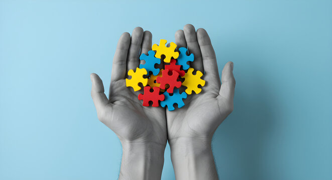 Hands holding colorful puzzle pieces, blue background, solution and teamwork concept, connection and support themes, for business presentation, horizontal video - Powered by Adobe