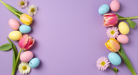 Obraz premium Easter eggs, tulips and daisy flowers arranged on a light purple background, Spring, greeting card design, easter, spring promotion, horizontal banner, copy space