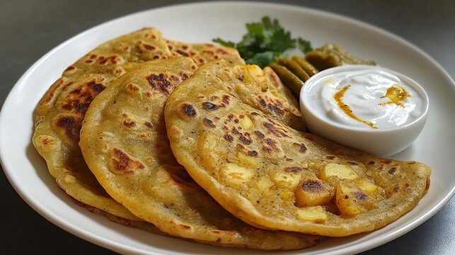 Plate of spicy desi aloo paratha stuffed seasoned potatoes and served with yogurt and pickles