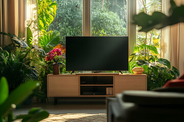 A modern living room with a large flat-screen TV on a wooden console. Surrounded by lush plants and vibrant flowers, the room is bathed in sunlight, creating a cozy, inviting space to relax.