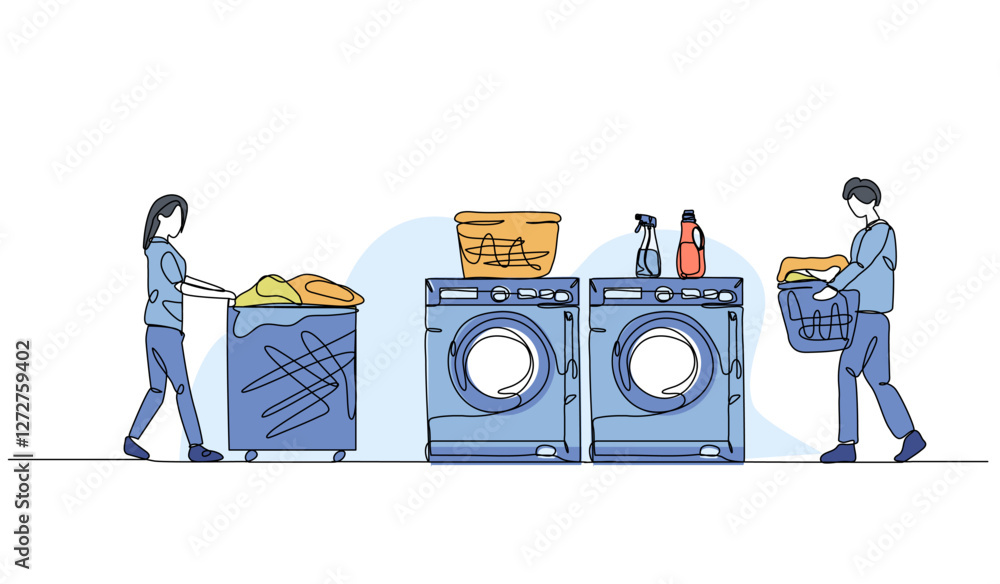 Poster vector illustration of laundry activity working. modern flat in continuous line style.