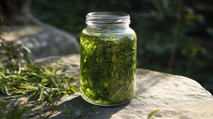 A jar of green leaves steeping in sunlight.