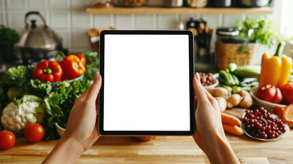 A woman searches the Internet for a recipe for cooking a vegan dish. Tablet mockup, top view. close-up of a young woman holding a tablet with a white screen in front of a kitchen table with vegetables