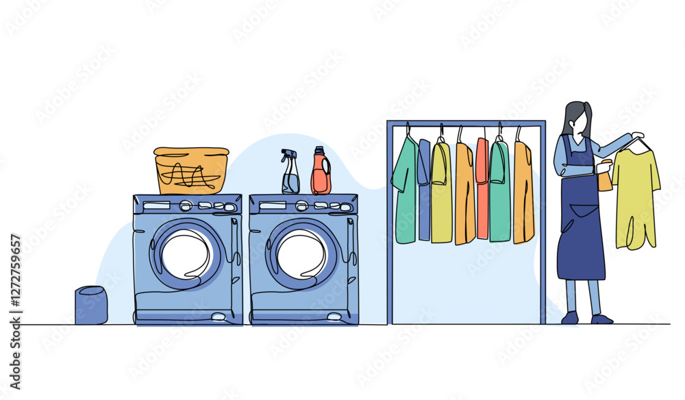 Poster vector illustration of laundry activity working. modern flat in continuous line style.