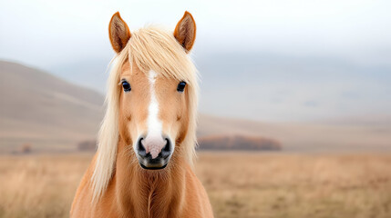 Fototapeta premium Palomino horse portrait, autumn field, misty hills