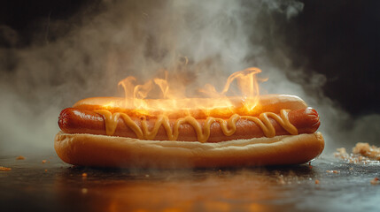 Juicy hot dog grilling with vibrant flames and rich mustard creating a tantalizing culinary delight