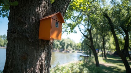Bright Orange Birdhouse Nestled Among Green Trees by Water