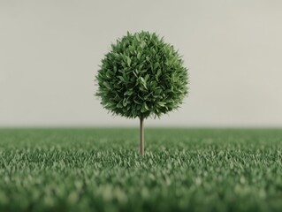 Lush green tree standing alone on vibrant grass against a neutral background
