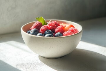 Fresh Berry Medley in a Simple White Bowl on a Sunlit Surface