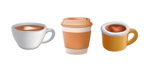 Hot and cold coffee beverage 3D illustrations set. Different types of drinks. Espresso, americano cup, cappuccino and latte in paper mug, iced macchiato in mug. 3D vector illustrations isolated
