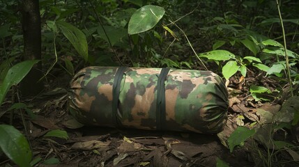 Obraz premium Camouflage Sleeping Bag on Forest Floor Surrounded by Foliage
