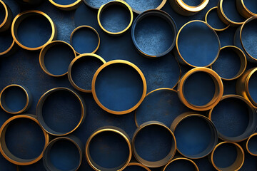 A background with an array of circular gold frames in various sizes, each filled with navy blue and copper colors, creating a gradient effect.