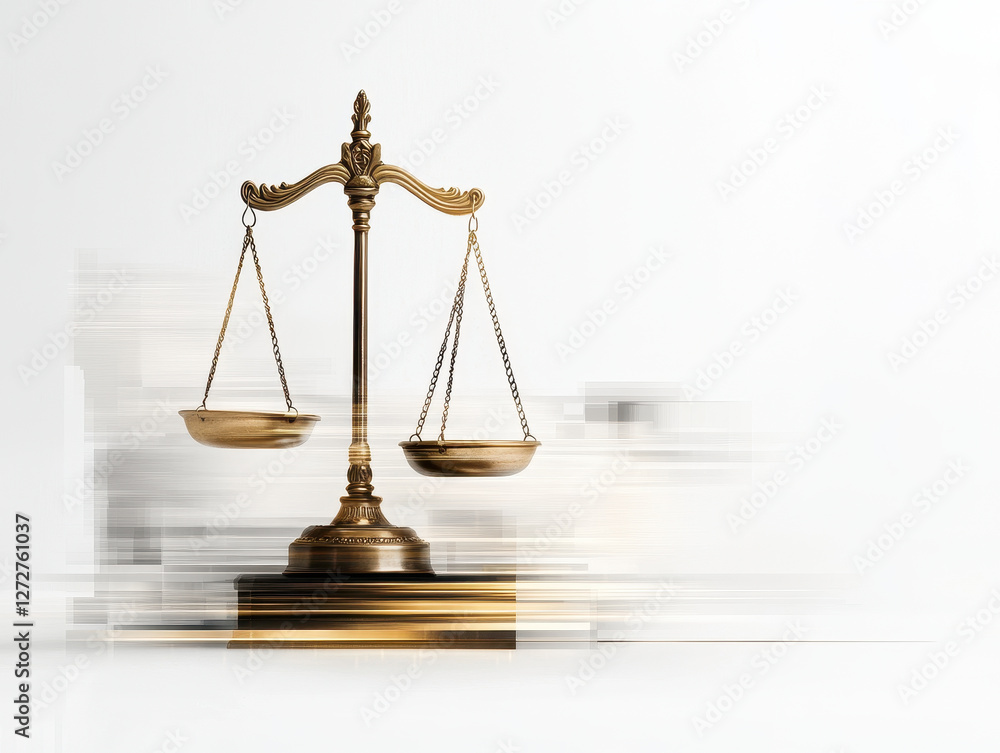 Poster dynamic representation of justice scales, symbolizing balance and fairness. blurred background adds 