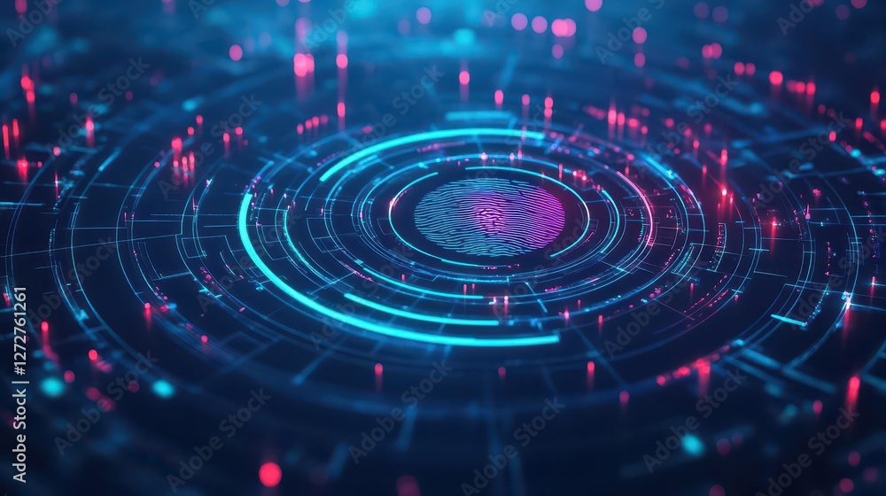 Poster 3d digital fingerprint scanner, futuristic style, dark background with glowing elements
