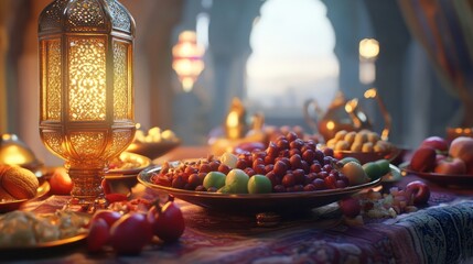 Intricate Middle Eastern feast, with warm lighting and colorful fruits and nuts on a table.