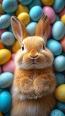 Easter 2025, cute bunny among eggs