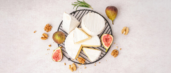 Grid with pieces of tasty Camembert cheese on light background