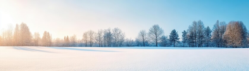 A serene winter landscape featuring a wide snowcovered field