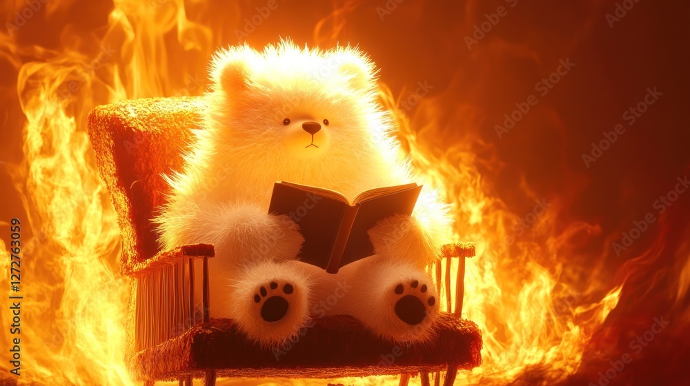 Poster a fluffy bear reading a book in a fiery setting, creating a surreal and whimsical atmosphere.