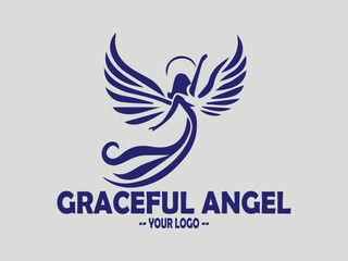 elegant angel line art vector illustration, graceful dark blue illustration of an angel with flowing wings, minimalist angel wings vector for spiritual and memorial logos. elegant angel in prayer