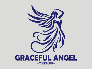 elegant angel line art vector illustration, graceful dark blue illustration of an angel with flowing wings, minimalist angel wings vector for spiritual and memorial logos. elegant angel in prayer