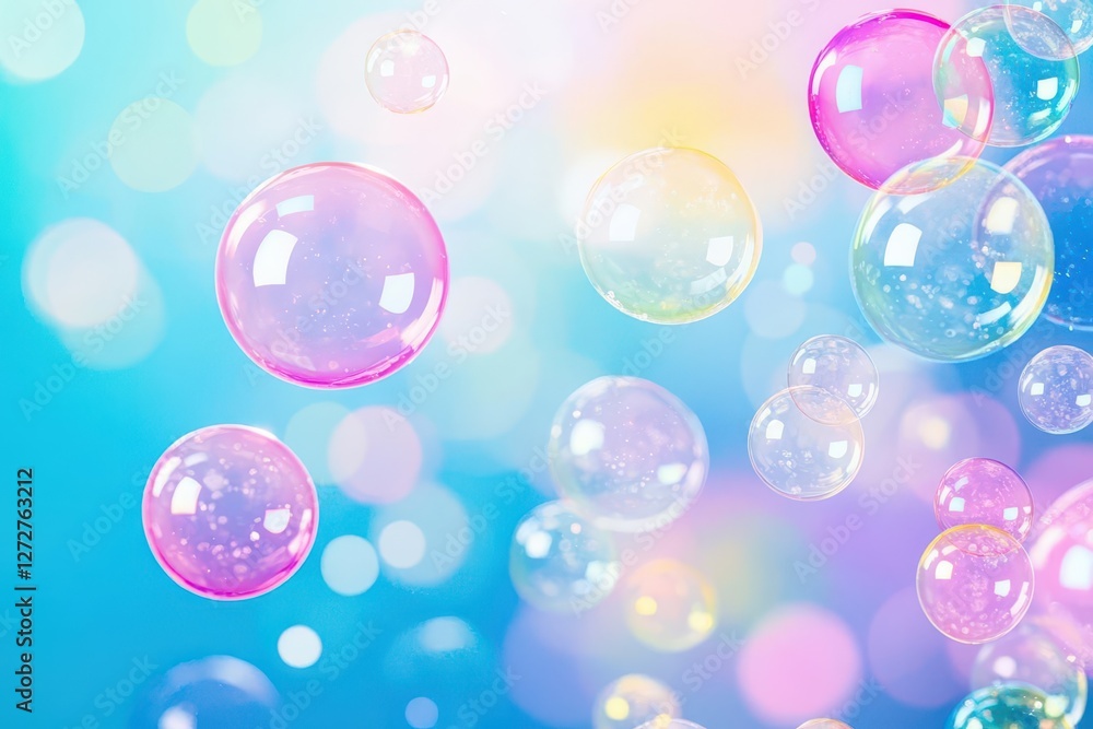 Poster abstract colorful soap bubbles floating on a blurred blue background with bokeh lights