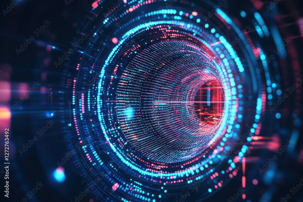 Poster Abstract Digital Data Tunnel with Glowing Blue and Red Light Effects in a Dark Void