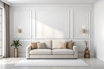 Interior Living Room, Empty Wall Mockup In White Room With Sofa, 3d Render Real Room Mockup photo