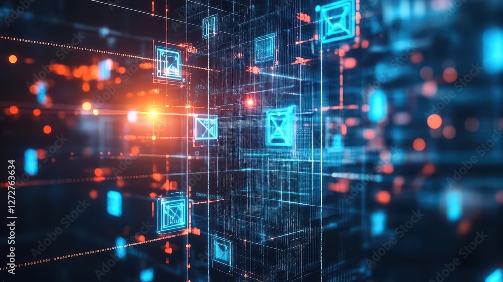 Poster Abstract Digital Network Background in Blue and Orange with Futuristic Data Cubes