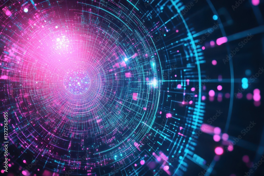 Poster abstract digital network of pink and blue lines tunneling into a bright center